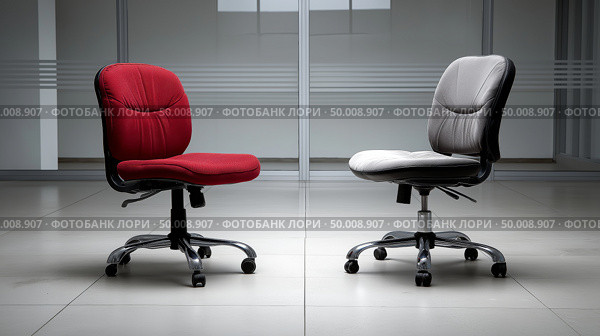 Office chairs in contrasting colors positioned in a minimalist workspace. Стоковое AI-изображение, AI-художник Katsiaryna Repich / Фотобанк Лори