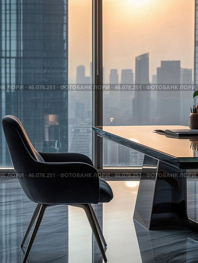 Office interior with black armchair and city view. Стоковое AI-изображение, AI-художник Татьяна  Бральнина / Фотобанк Лори