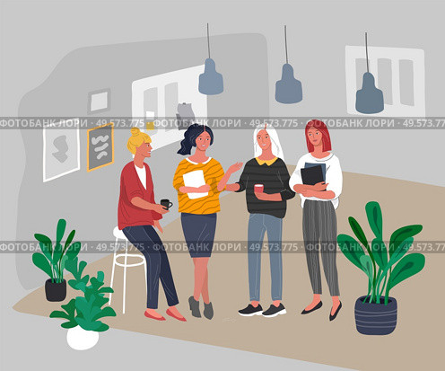 Office or coworking workplace interior with woman worker communicating or talking. Group of young girl take brake at work or teamwork meeting. Successful team gathering. Vector cartoon illustration. Office or coworking workplace interior with woman worker communicating or talking. Group of young girl take brake at work or teamwork meeting. Successful team gathering. Vector cartoon. Стоковая иллюстрация, агентство Ingram Publishing / Фотобанк Лори