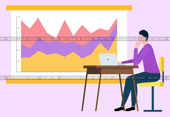 Office worker analysing information on whiteboard vector, infocharts and flowchart colored. Man with stats and plans statistical data flat style character. Presentation Person Working on Laptop Office Work. Стоковая иллюстрация, агентство Ingram Publishing / Фотобанк Лори