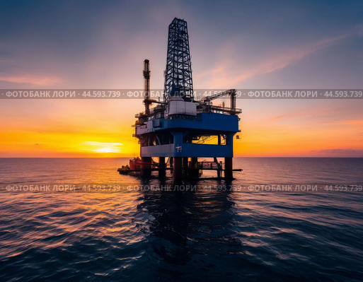 Offshore oil rig extracting oil against the backdrop of sunset. Стоковое AI-изображение, AI-художник Сергей Елизарьев / Фотобанк Лори