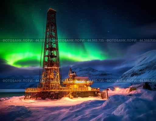 Oil and gas drilling platform against the backdrop of the northern lights. Стоковое AI-изображение, AI-художник Сергей Елизарьев / Фотобанк Лори
