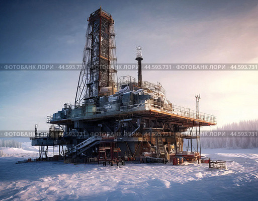 Oil and gas drilling platform on an early winter morning. Стоковое AI-изображение, AI-художник Сергей Елизарьев / Фотобанк Лори