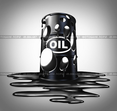 Oil collapse industry concept as a barrel full of holes of crude petroleum with liquid spilled on the floor as a business metaphor for energy price drop. Стоковое фото, агентство Ingram Publishing / Фотобанк Лори