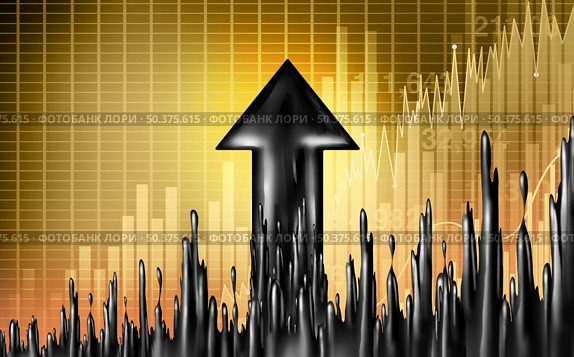 Oil increase fuel and gas price rising concept as liquid black crude petroleum as an upward arrow in a symbol for increasing prices in fossil energy due to market demand and supply shortages in a 3D illustration style. Стоковое фото, агентство Ingram Publishing / Фотобанк Лори