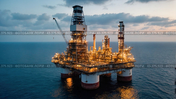 Oil refinery rig in the open sea. Стоковое AI-изображение, AI-художник Tatiana Syrtseva / Фотобанк Лори