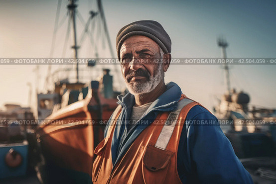 Old fisherman in uniform posing on fishing boat background. Generate ai. Стоковое AI-изображение, AI-художник Иван Рябоконь / Фотобанк Лори