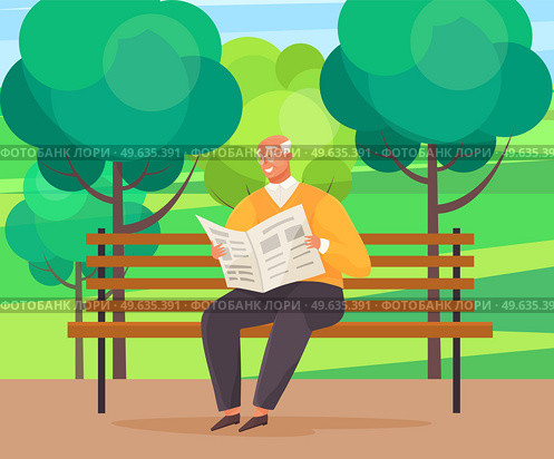 Old man with glasses sitting and reading newspaper on bench in park. Retiree elderly male character spends time in nursing home. Grandfather resting, reading news enjoying good day in city garden. Old man with glasses sitting and reading newspaper on bench in city garden with green trees. Стоковая иллюстрация, агентство Ingram Publishing / Фотобанк Лори