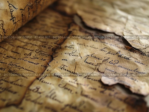 Old parchment paper with illegible writing on it,    Generative AI. Стоковое AI-изображение, AI-художник Анна Кривицкая / Фотобанк Лори
