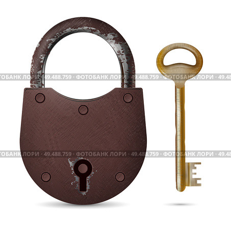 Old rusty padlock and threadbare metallic key isolated icons on white background realistic vector illustration. Стоковая иллюстрация, агентство Ingram Publishing / Фотобанк Лори