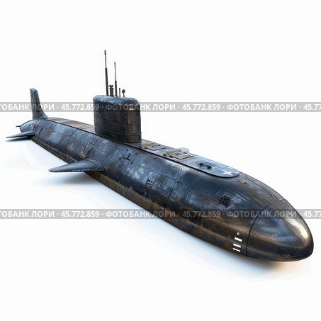 Old rusty submarine sailing on white background. Стоковое AI-изображение, AI-художник Иван Рябоконь / Фотобанк Лори