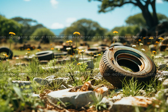Old rusty tires are dumped among the grass. ,Generative AI. Стоковое AI-изображение, AI-художник Анна Кривицкая / Фотобанк Лори