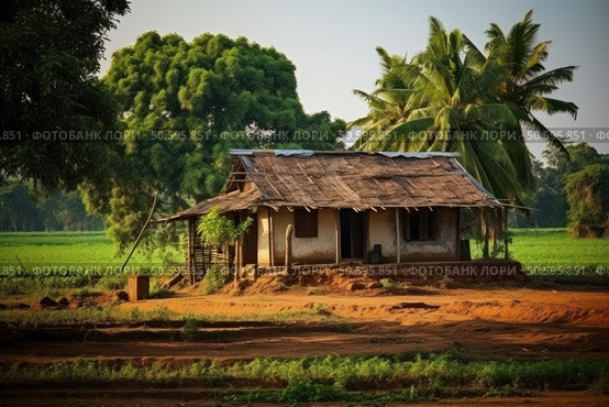 Old shack stands amidst lush green fields in rural landscape. Стоковое AI-изображение, AI-художник Иван Рябоконь / Фотобанк Лори