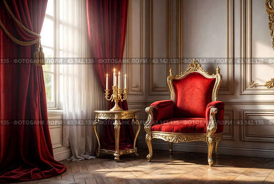 Old white and gold Royal chair with red curtains and candelabra in medieval vintage room. Throne for king in castle. Background in architecture or retro interior design. Copy space, text place. Стоковое AI-изображение, AI-художник Aleksandr Golubev / Фотобанк Лори