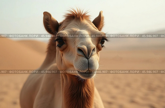 One-humped camel stands on desert sand. Arid Terrain. AI Generative. Стоковое AI-изображение, AI-художник Spirit River / Фотобанк Лори