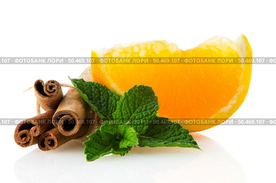 One orange fruit segment or cantle isolated on white background. Стоковое фото, агентство Ingram Publishing / Фотобанк Лори