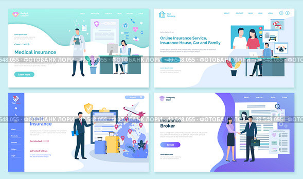 Online and travel insurance set, online page with text vector. House car and family safety, protection of building and possessions, broker with client. Website or webpage template, landing page flat style. Online Insurance and Service Website  Pages Set. Стоковая иллюстрация, агентство Ingram Publishing / Фотобанк Лори