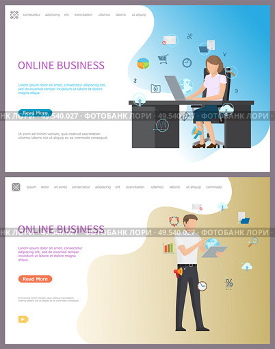 Online business, people using laptops and web to perform working activities vector. Businessman interacting with digital world and information data. Website or webpage template landing page in flat. Online Business, People Using Laptops and Web. Стоковая иллюстрация, агентство Ingram Publishing / Фотобанк Лори