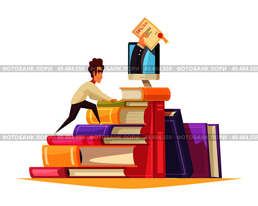 Online courses cartoon composition with graduate student climbing textbooks pile to get diploma from monitor vector illustration. Стоковая иллюстрация, агентство Ingram Publishing / Фотобанк Лори