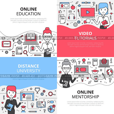 Online Education Design Concept Set. Online education design concept set with video tutorials distance university and online mentorship icons composition flat vector illustration. Стоковая иллюстрация, агентство Ingram Publishing / Фотобанк Лори