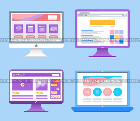 Online education monitors with information set vector. Internet pages with info, online courses platform for students to study in distance training. Online Education Monitors with Information Set. Стоковая иллюстрация, агентство Ingram Publishing / Фотобанк Лори