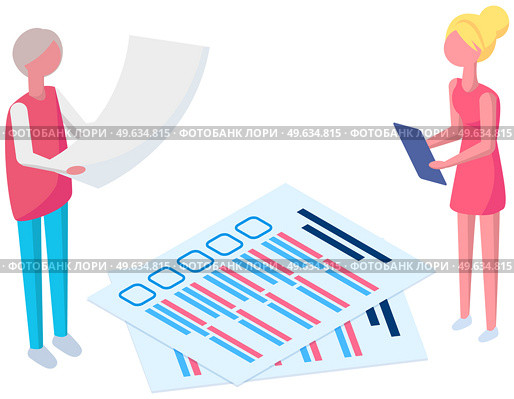 Online form survey isolated on white background. Colleagues check blank. People thinking about answers. Characters looks at quiz exam paper document. Businesswomen check correctness of questionnaire. Businesswomen check correctness of questionnaire. Online form survey with answers, quiz exam. Стоковая иллюстрация, агентство Ingram Publishing / Фотобанк Лори