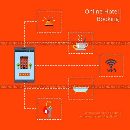 Online hotel booking vector illustration in graphic design. Poster of signs presenting services provided in hotels and space for text. Online Hotel Booking Vector Graphic Illustration. Стоковая иллюстрация, агентство Ingram Publishing / Фотобанк Лори