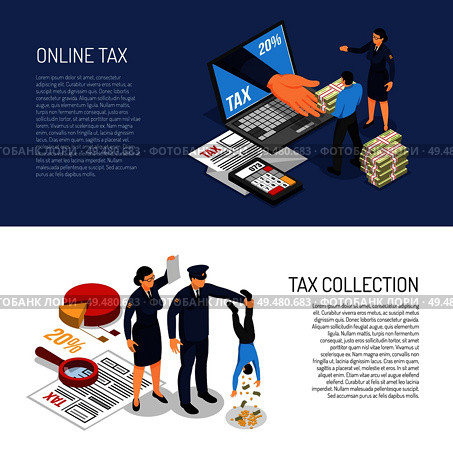 Online income tax declaration and inspectors symbolic collecting cash from individual 2 horizontal isometric banners vector illustration    . Tax Inspectors Banners . Стоковая иллюстрация, агентство Ingram Publishing / Фотобанк Лори