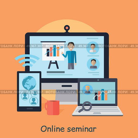 Online Seminar. Distance Work. Webinar. Vector. Online seminar. Distance work. Communication by means of computer technologies. Internet abilities. Motivational webinar. Part of series of developing successful leadership in team working. Vector. Стоковая иллюстрация, агентство Ingram Publishing / Фотобанк Лори