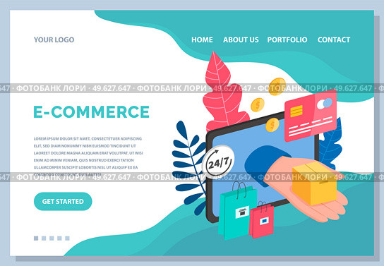 Online shopping and business software. Convenience store on the Internet. Web Site with e-commerce opportunity. Online shopping platform landing page template. Paid program for ordering purchases. Online shopping and business software. Convenience store on the Internet. Web Site with e-commerce. Стоковая иллюстрация, агентство Ingram Publishing / Фотобанк Лори