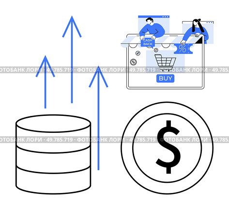 Online shopping cart, rising arrows, financial database, dollar symbol. Ideal for e-commerce, finance, profit growth, data analysis online transactions market trends economic projections. Line. E-commerce Growth Represented by Online Shopping, Financial Data, and Rising Arrows. Стоковая иллюстрация, агентство Ingram Publishing / Фотобанк Лори