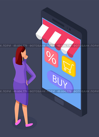 Online store concept. Woman buyer selects a product on a store website on a smartphone screen using application. Phone with a visor of a trade tent. Internet shopping order products from home. Online store concept. Woman buyer selects a product on a store website on a smartphone screen. Стоковая иллюстрация, агентство Ingram Publishing / Фотобанк Лори