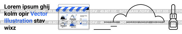 Online storefront with product thumbnails and a cloud outline. Ideal for e-commerce, online shopping, digital services, cloud storage, tech services, website development, and business marketing. Online Storefront with Product Thumbnails and Cloud Outline Illustrating E-commerce and Digital Services. Стоковая иллюстрация, агентство Ingram Publishing / Фотобанк Лори
