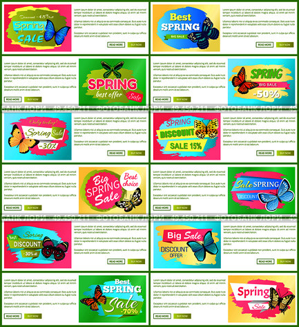 Only today spring sale set of web pages with text sample and headlines, butterflies and spring sale offers vector illustration, isolated on white. Only Today Spring Sale Set Vector Illustration. Стоковая иллюстрация, агентство Ingram Publishing / Фотобанк Лори