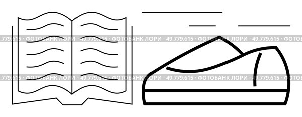 Open book with curving lines, shoe with motion lines. Ideal for education, sports, literature, libraries, reading campaigns, footwear, fitness. Line metaphor. Open book and shoe drawing with lines indicating speed or movement, black and white design. Стоковая иллюстрация, агентство Ingram Publishing / Фотобанк Лори