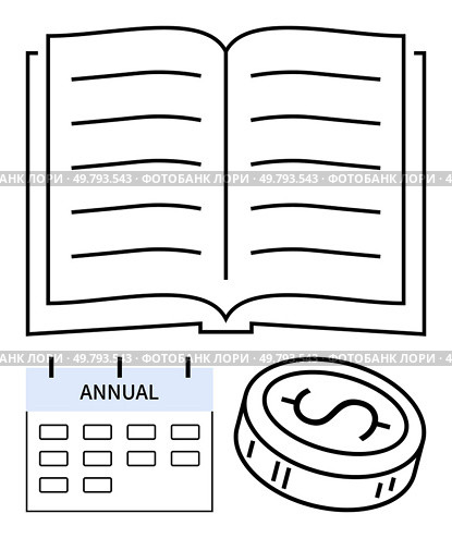 Open book with lined pages, annual calendar with blue header, and coin with dollar sign. Ideal for financial planning, budgeting, annual reporting, education, savings strategies, business management. Open Book, Annual Calendar, and Coin Representing Financial Planning and Budgeting. Стоковая иллюстрация, агентство Ingram Publishing / Фотобанк Лори