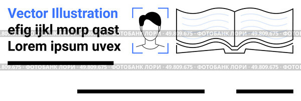 Open book with wavy pages, user profile icon with short hair. Ideal for education, user manuals, documentation, academic articles, digital libraries, online courses, corporate training. Landing page. Black and White Open Book with User Profile Concept and Sample Text in Modern Style. Стоковая иллюстрация, агентство Ingram Publishing / Фотобанк Лори
