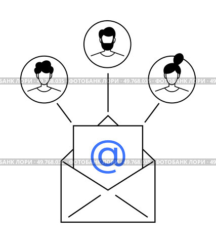 Open envelope with symbol, connecting to three user avatars. Ideal for email marketing, team communication, newsletters, digital correspondence, networking.. Email Communication Concept with Group Message and User Avatars. Стоковая иллюстрация, агентство Ingram Publishing / Фотобанк Лори