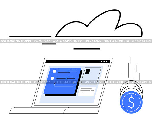 Open laptop with financial management interface, blue and white design, coins falling from cloud. Ideal for finance, cloud computing, digital transactions, online banking, fintech solutions, budget. Cloud-Based Financial Management Laptop and Falling Coins under a Cloud Symbol. Стоковая иллюстрация, агентство Ingram Publishing / Фотобанк Лори