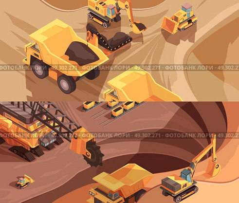 Opencast Workings Banners Collection. Set of two horizontal mining banners with extractive equipment and machinery on surface of opencast mine vector illustration. Стоковая иллюстрация, агентство Ingram Publishing / Фотобанк Лори