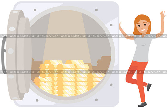 Opened silver metallic bank vault with gold bars inside. Income and high earnings in gold bars. Happy woman dances and rejoices in wealth and success. Lady saving money in form of metal and ingots. Happy woman dances and rejoices in wealth and success. Lady saving money, gold bars in bank vault. Стоковая иллюстрация, агентство Ingram Publishing / Фотобанк Лори