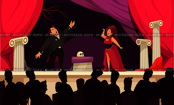 Opera theater scene flat cartoon poster with 2 singers aria onstage performance and audience silhouettes vector illustration. Стоковая иллюстрация, агентство Ingram Publishing / Фотобанк Лори