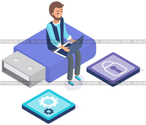 Operating system maintenance for web design. Adjusting app, setting options, repair, fixing. Man with laptop working with settigns program. Phone customization application development with computer. Phone customization application development with computer. Adjusting app, setting options. Стоковая иллюстрация, агентство Ingram Publishing / Фотобанк Лори