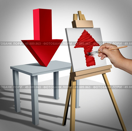 Optimistic positive psychology and success thinking as a person looking at a downward 3D illustration arrow and interprets it on canvas as an upward arrow as a metaphor for optimism and business view. Стоковое фото, агентство Ingram Publishing / Фотобанк Лори
