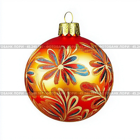 Orange Christmas ball with flowers highlighted on a white background, hand painted. Стоковое AI-изображение, AI-художник Елена Зубкова / Фотобанк Лори