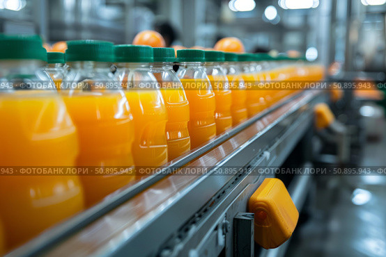 Orange juice bottling plant conveyor belt carrying freshly squeezed juice bottles. Стоковое AI-изображение, AI-художник Иван Рябоконь / Фотобанк Лори