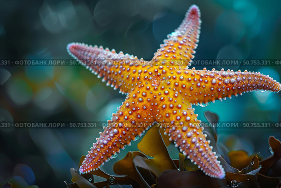 Orange starfish resting on seaweed in stunning underwater scene. Стоковое AI-изображение, AI-художник Иван Рябоконь / Фотобанк Лори