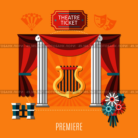 Orange theatre composition with theatre ticket and premiere descriptions and elements of attractions vector illustration. Orange Theatre Composition. Стоковая иллюстрация, агентство Ingram Publishing / Фотобанк Лори