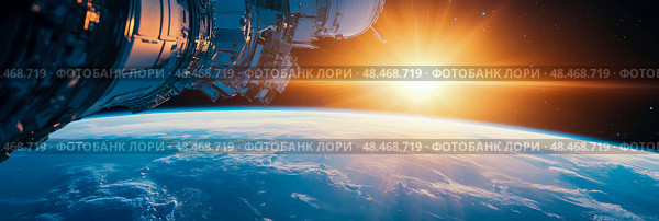 Orbital Dawn: spacecraft overlooks the glowing curvature of Earth beneath star shining in cosmos. Стоковое AI-изображение, AI-художник Данила Большаков / Фотобанк Лори