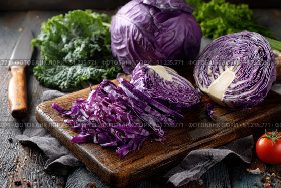 Organic freshly white cabbage on rustic table surface. Purple fresh cabbage. Partially sliced raw shredded cabbage and a half on a wooden cutting board with a knife. Preparation of vegetables salad. Стоковое AI-изображение, AI-художник Марина Демидюк / Фотобанк Лори